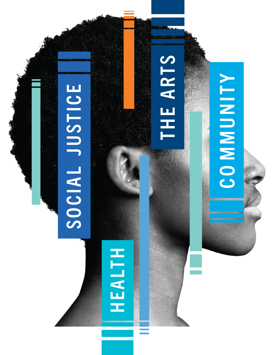A woman's head overlaid with the words Social Justice, The Arts, Health, and Community