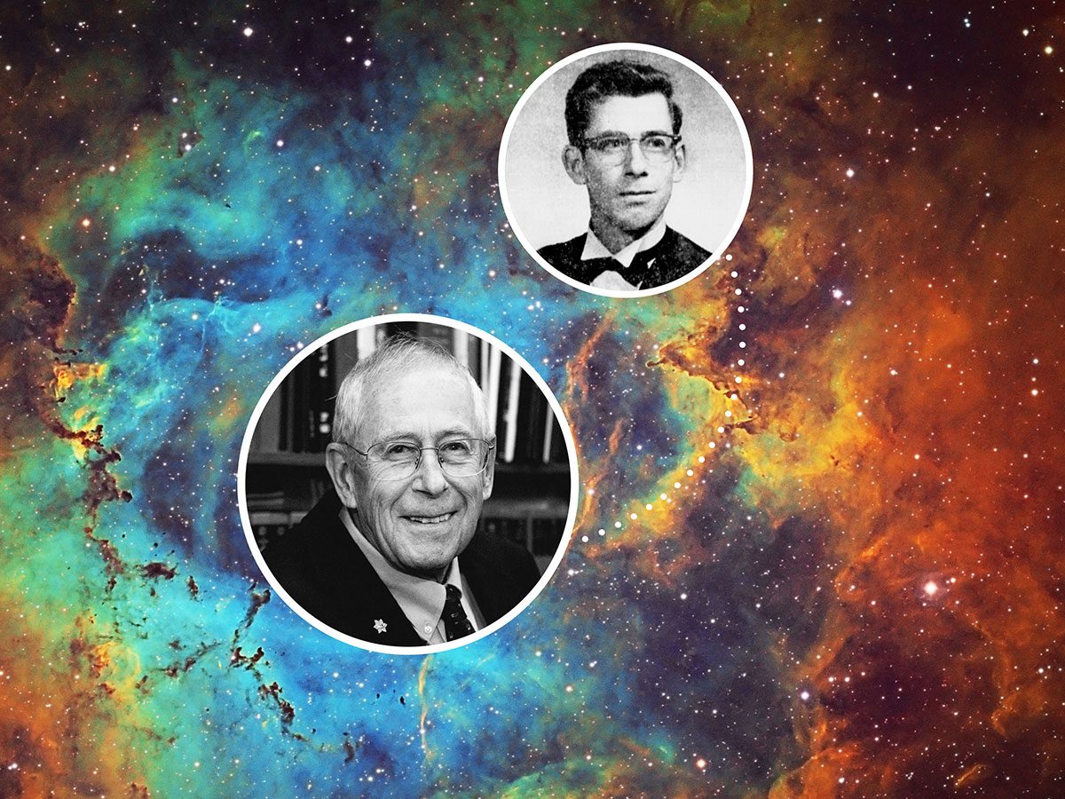 Both young and old photos of James Peebles overlaid on top of an image of a galaxy