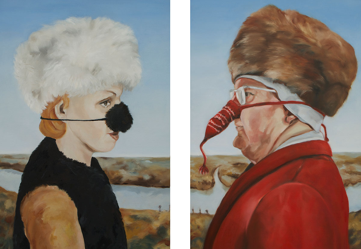 A painting of two people wearing nosewarmers.