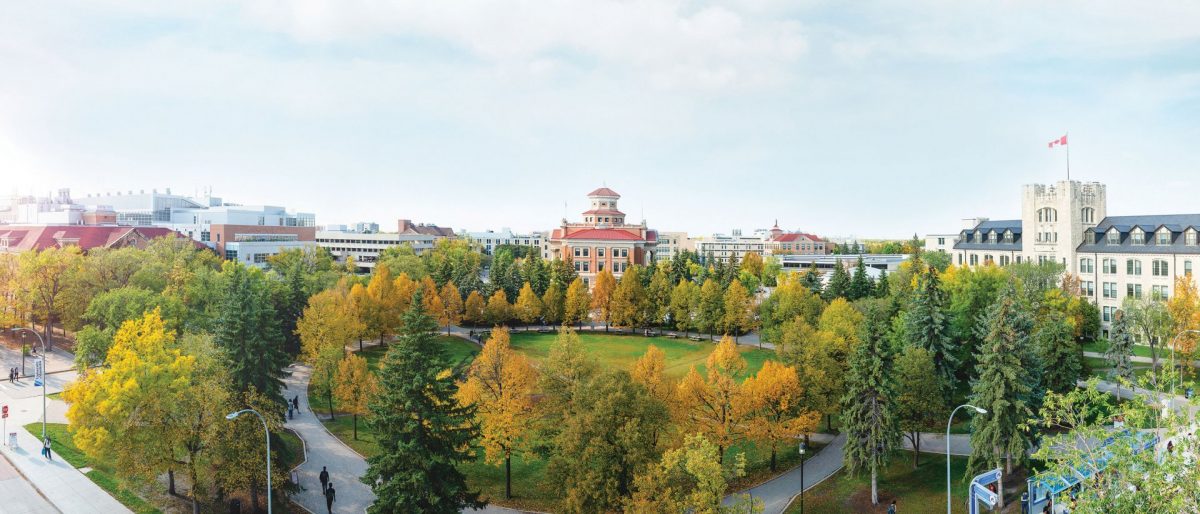 panoramic view of campus, with Administration buildings centered