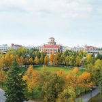 panoramic view of campus, with Administration buildings centered