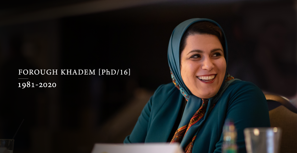 Photograph of alumna Dr. Forough Khadem with text saying her name and the dates of her birth and death (1981-2020)