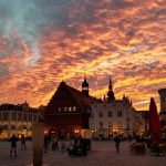 Sunset in Greifswald, Germany town square