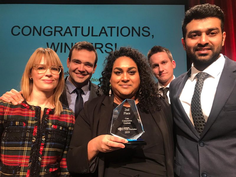 (Left to right) Elise Mayberry, Travis Bale, Judy Jayasuriya, Matt Borgford and Darshit Agravat at the 2019 Ethics in Action case competition