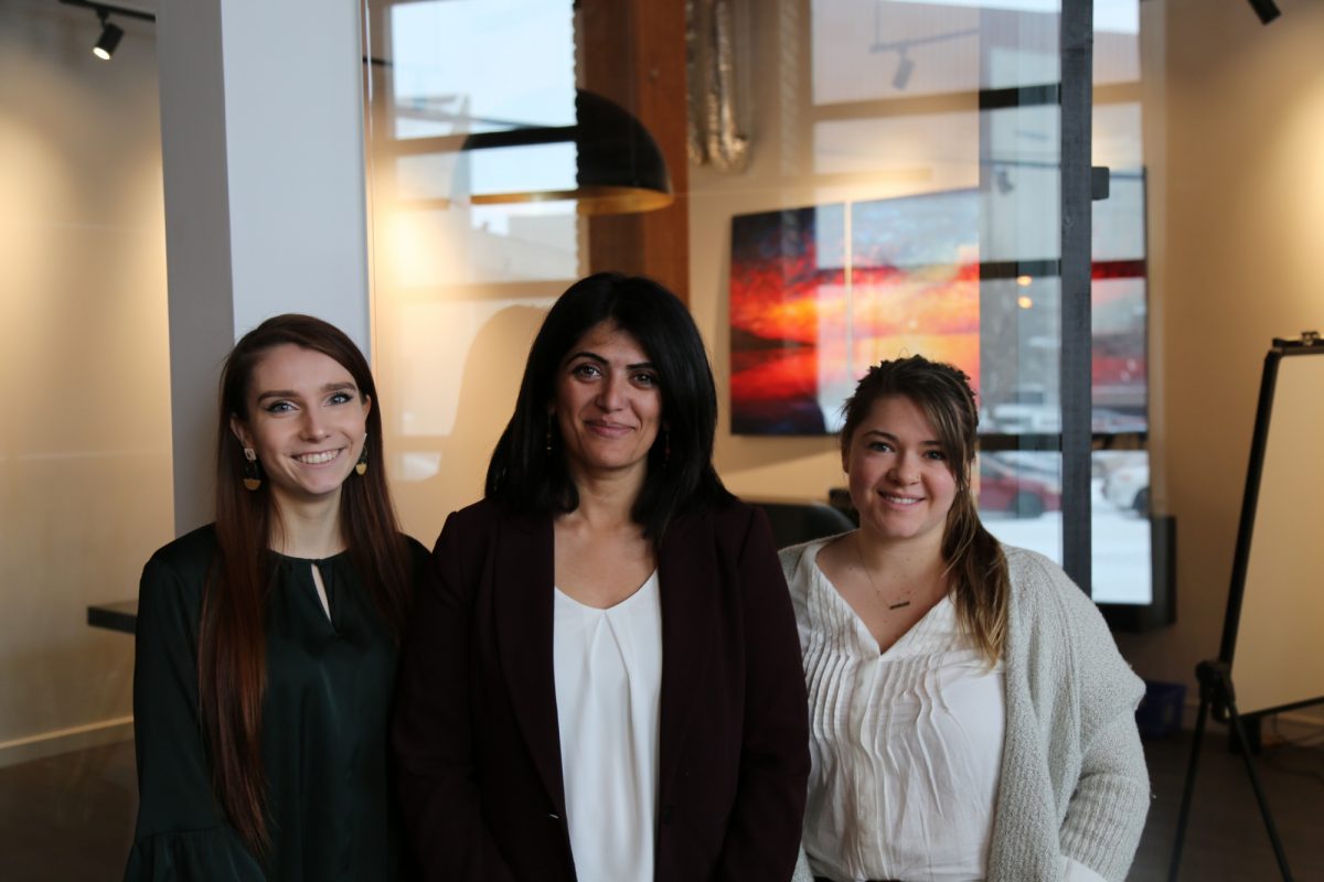 Somia (B.Env.Sc Honours Co-op) is in the middle with Eden Klein (B.Env.Sc. Honours Co-op) to her right and Josie Cooke (B.Env.St. Major Co-op) to her left.