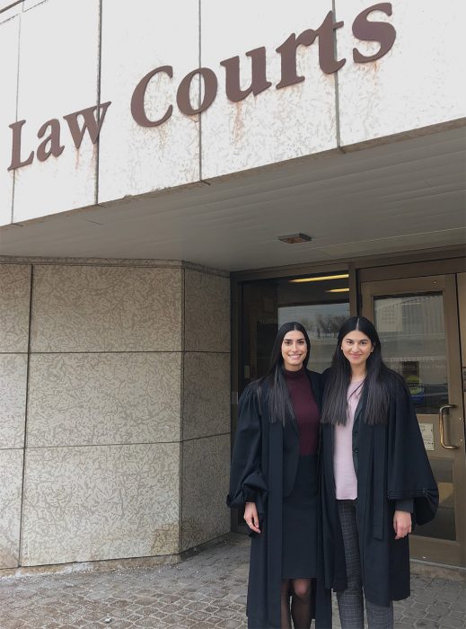 Winnipeg actor and law student, Anjali Sandhu (right) at the law courts building for a moot court competition with classmate Lauren Yusim (left).