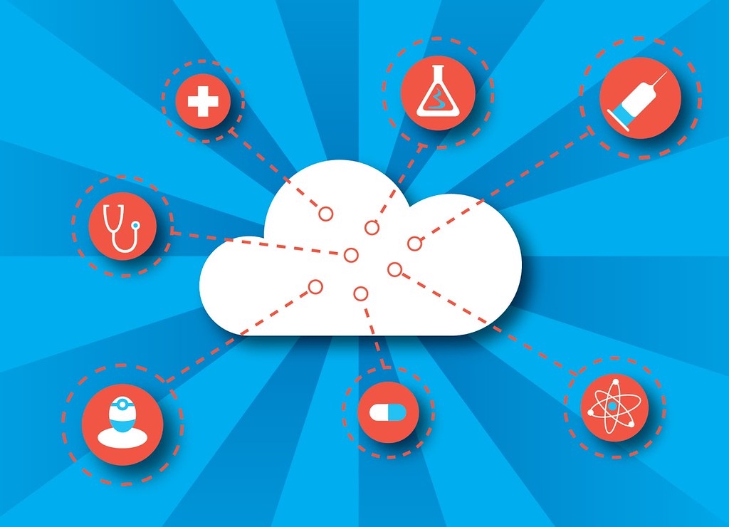 a graphic showing doted lines connecting medical symbols to a cloud