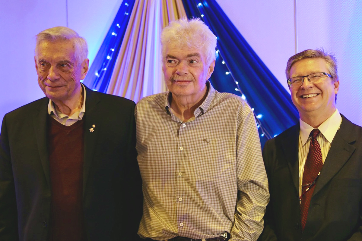 Dr. Allan Ronald, Dr. Frank Plummer and Dr. Keith Fowke at a January 2020 event marking the 40th anniversary of the University of Manitoba's research partnership with the University of Nairobi. // Image from Jo Kennelly
