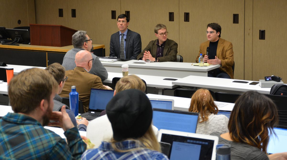 Administrative law experts Gerald Heckman and Gerard Kennedy discuss Supreme Court trilogy Vavilov with Runnymede Society director, Mark Mancini in front of law students and professors at Robson Hall.