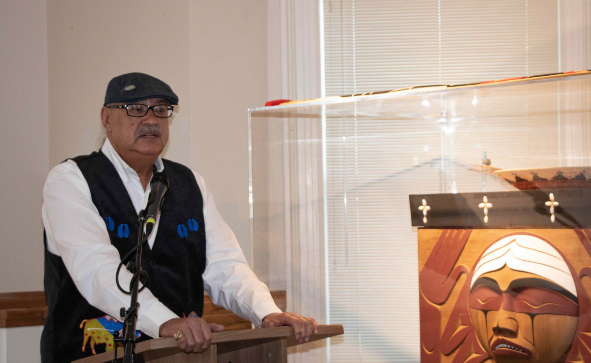 Survivor Eugene Arcand speaking at the release of the Lessons Learned Survivors Perspectives Report