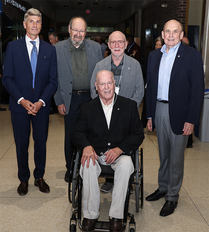Professor Art Braid, C.M., Q.C. (front) at the 2019 Law Faculty Homecoming with Robson Hall's current and former deans L-R: Dr. Jonathan Black-Branch, Trevor Anderson, Jack London C.M., Q.C., and Harvey Secter
