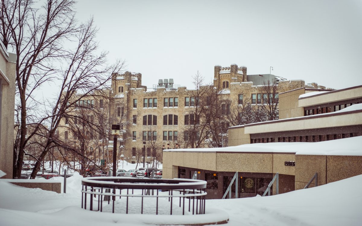 File photo of Fort Garry campus in winter, next to the Elizabth Dafoe Libray, looking towards the Buller Building.