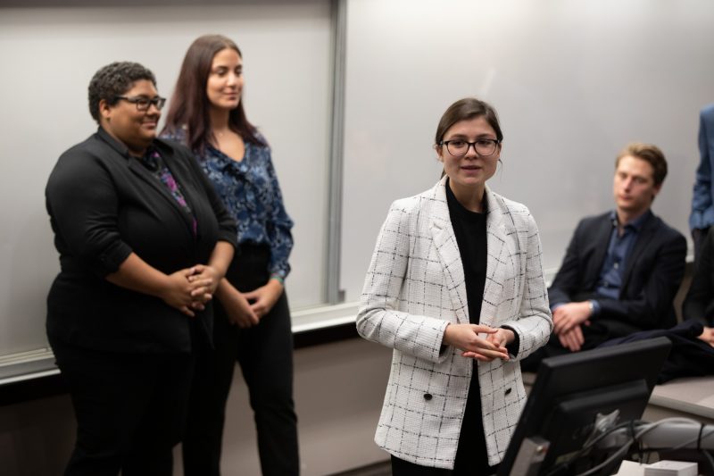 A group of aspiring entrepreneurs presenting at the ENTR Pitch Competition in Fall 2019.