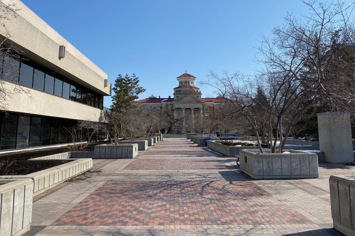 Next to UMSU University Centre, looking east towards UM Admin building on Fort Garry campus.