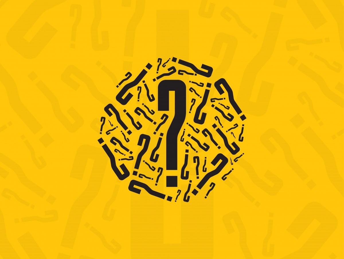 A cluster of question marks on a yellow background.