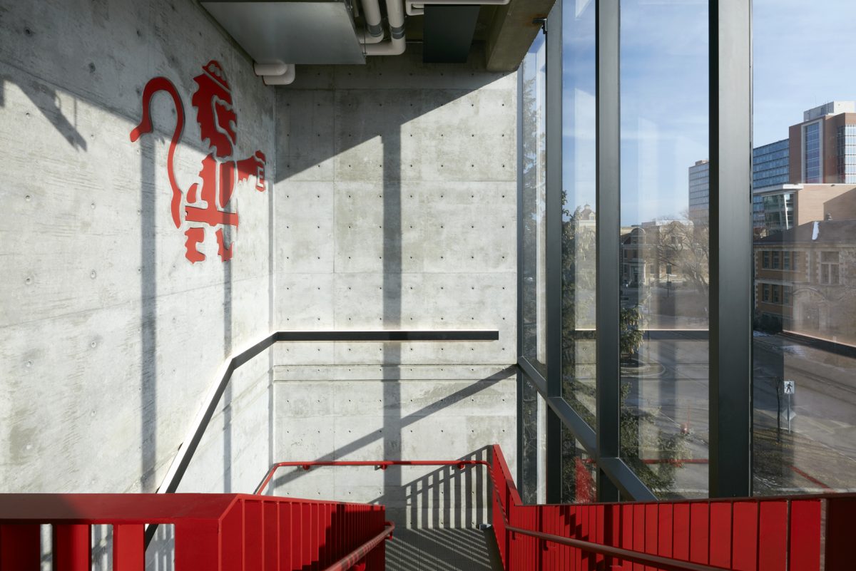 Stanley Pauley Engineering Building Staircase with Red Lion