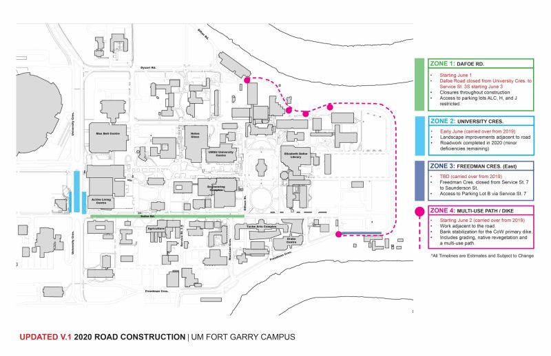 Map of 2020 construction at Fort Garry campus.