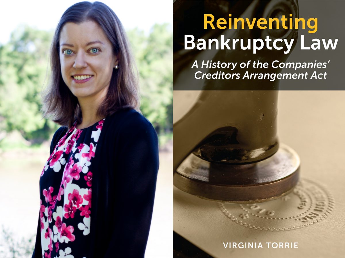 Portrait of Dr. Virginia Torrie beside her new book Reinventing Bankruptcy law