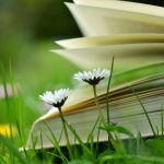 book in the grass with flowers