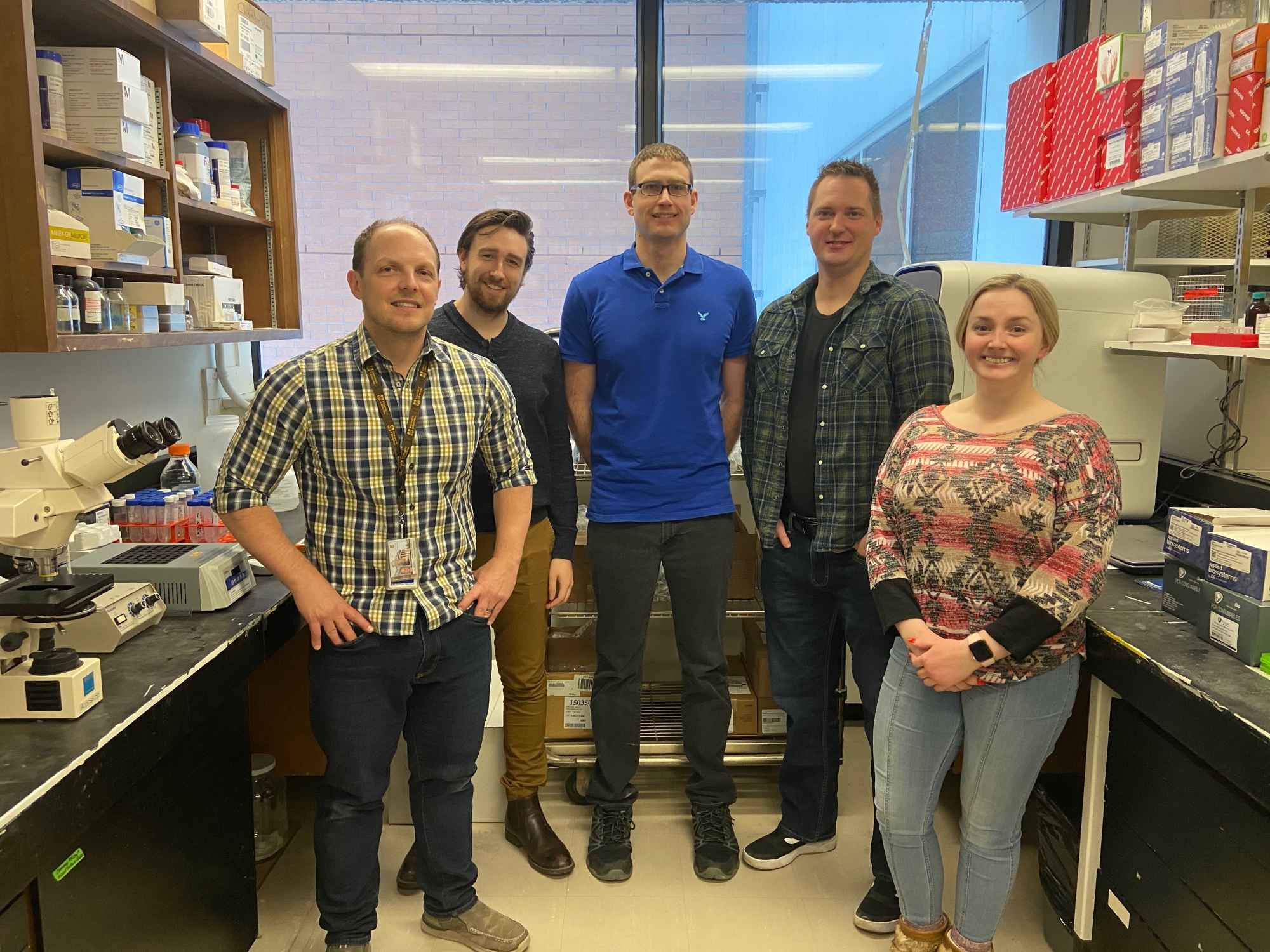 Brayden Schindell is working with a team of researchers in the Kindrachuk lab. Left to right: Jason Kindrachuk, Brayden Schindell, Andrew Webb, Jared Rowell, Meagan Allardice