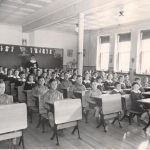 A black and white photo of the Shubenacadie Residential School classroom in Nova Scotia.