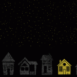 An illustration of twinkling stars over a lone lit house on a street of dark houses.