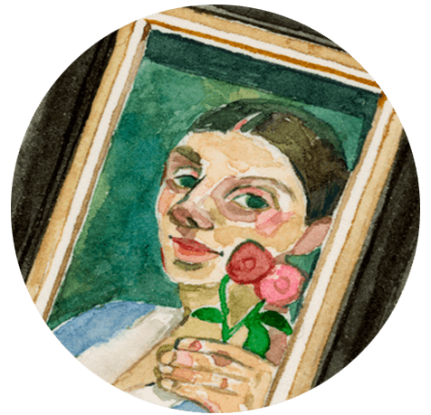 An illustration of a painting of a woman in a frame.