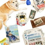 A painted collage of items, including a dog and a pile of newspapers.