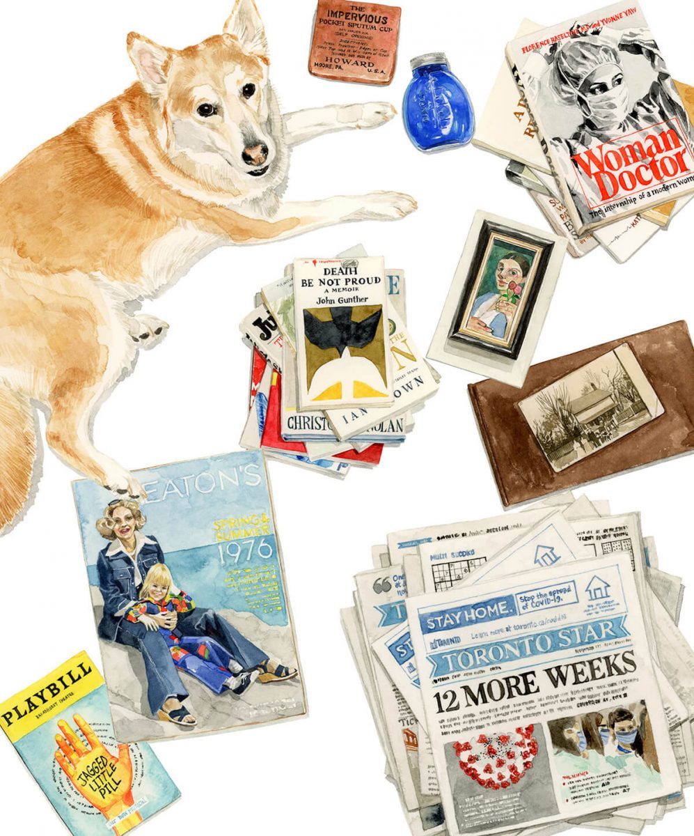 A painted collage of items, including a dog and a pile of newspapers.