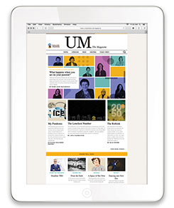 The 2020 Fall landing page of UM Today: the Magazine on a tablet background.