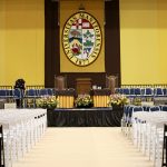A photo of the Convocation stage in the Investors group athletic center, at the Fort Garry Campus.