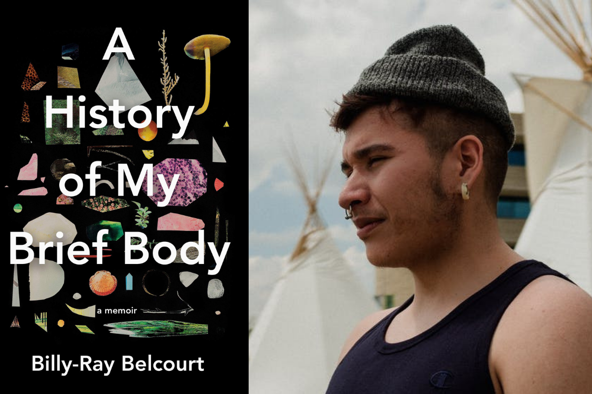 A side-by-side photo featuring the cover image of Billy-Ray Belcourt's book with a headshot.
