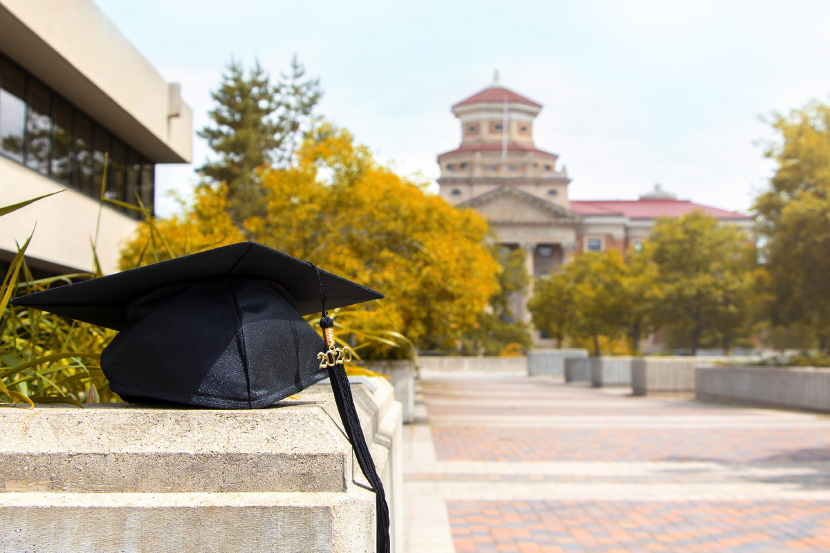 Grad cap and admin building