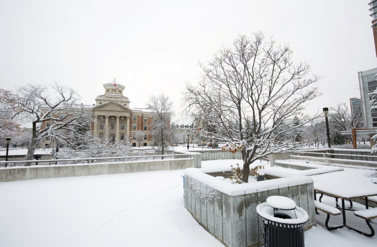 The Administration building with snow on the ground