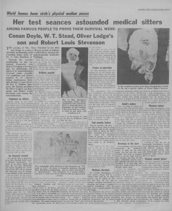 headline her test seances assounded medical sitters from page 5 from Psychic News August 17, 1963.