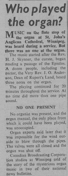 Who played the organ Psychic News article February 20, 1954.