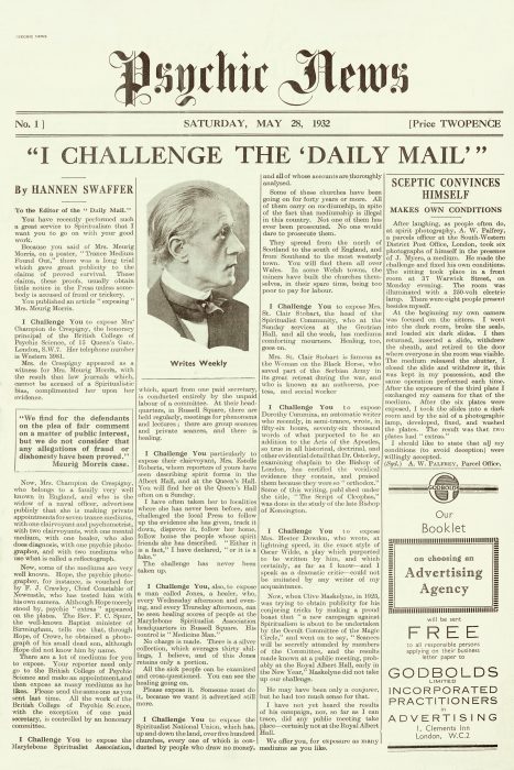 First page of first publication of Psychic News May 28, 1932.