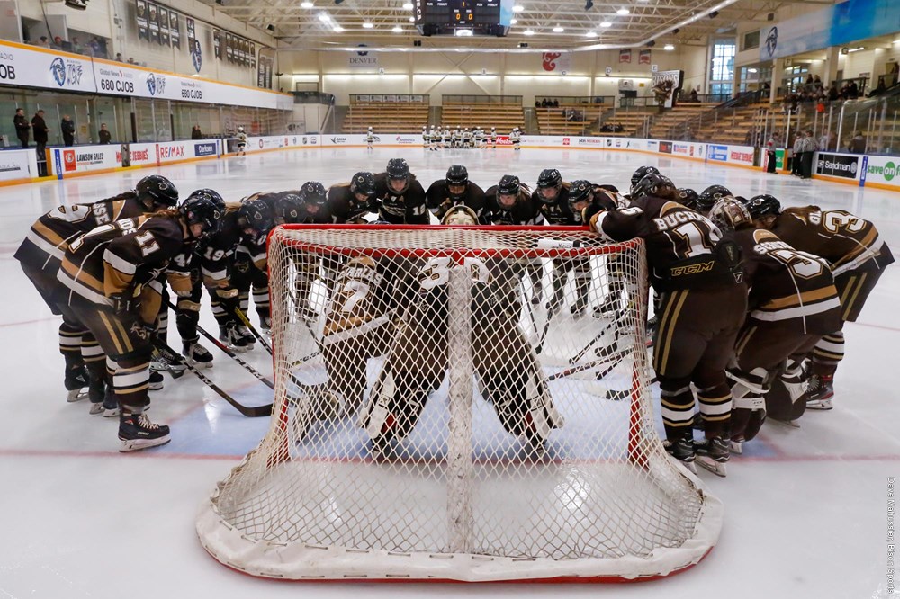 women's hockey team huddled around the net on the ice.