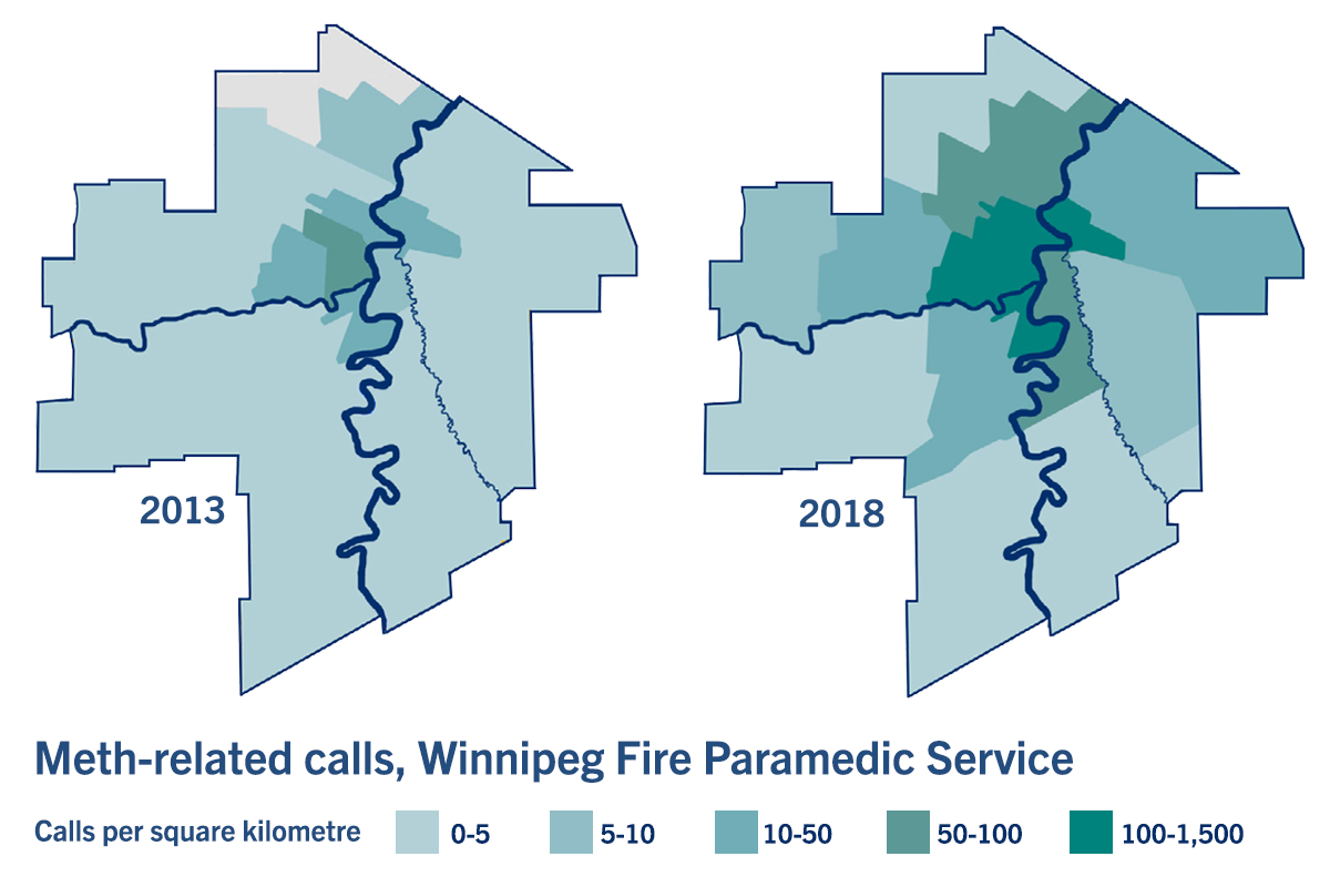 A graphic showing two maps of Winnipeg compares the number of meth-related calls received by the Winnipeg Fire Paramedic Service in 2013 and 2018.