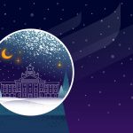 Holiday graphic with admin building in snow globe.