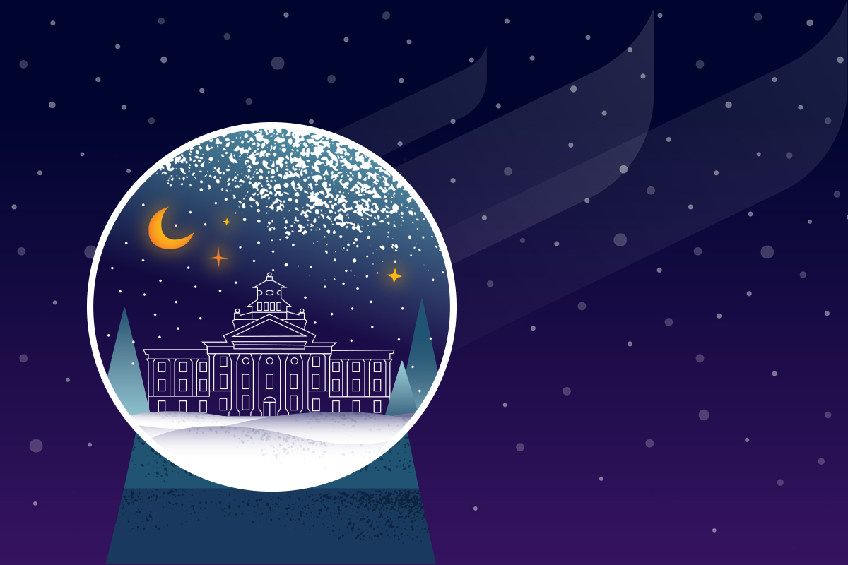 Holiday graphic with admin building in snow globe.