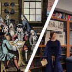 L: Drawing of a London coffeehouse, c. 1690–1700, British Museum; R: Students role-play a coffeehouse in immersive learning course, Literature of the Restoration and Eighteenth Century.