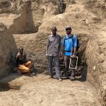 University of Manitoba assistant professor P. Durkin (right) studies sedimentary layers at Oldupai Gorge, Tanzania with local Maasai employees (left). Photograph: Stephen Hubbard