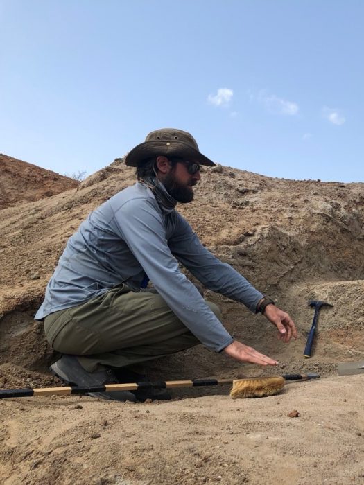 University of Manitoba assistant professor P. Durkin studies sedimentary layers at Oldupai Gorge, Tanzania. Photograph: Stephen Hubbard