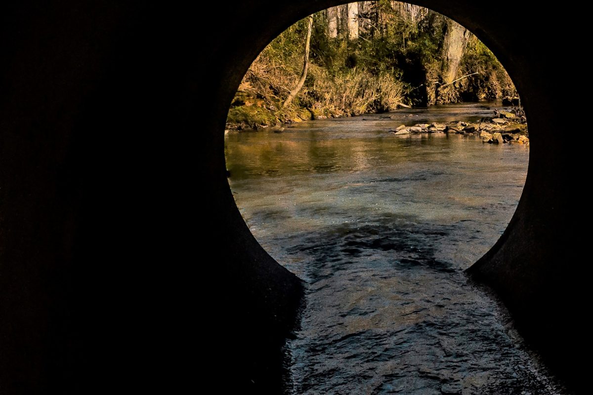 Water flows from a metal pipe into a river.