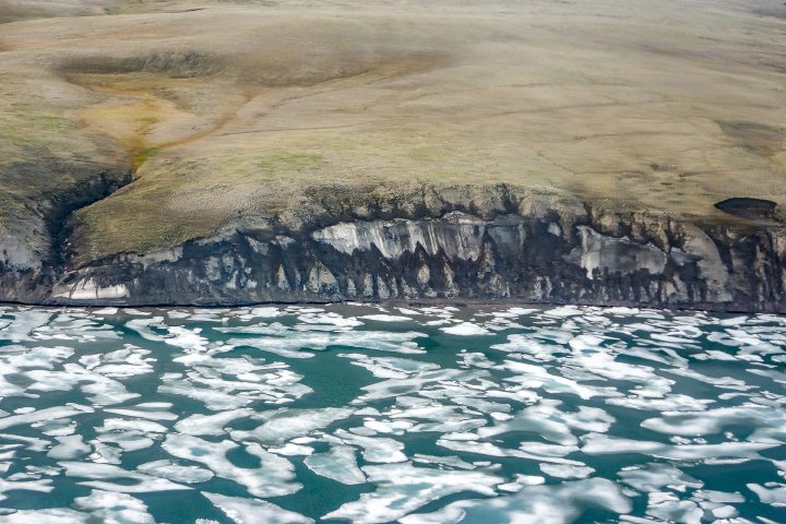“Global warming and the extensive loss of sea-ice cover in late summer have helped accelerate coastal erosion and permafrost slumping. This image shows a section of coastline just to the east of the Thomsen River mouth that consists of a lot of frozen ice. This sort of permafrost is especially vulnerable to the changing temperature regime.” 