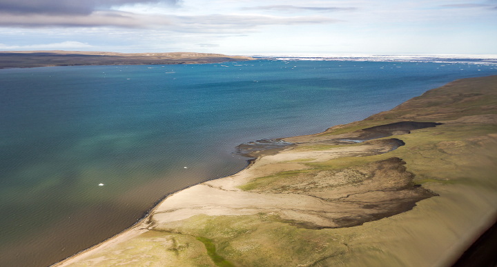 “Thaw slumps are also a sign of the permafrost warming. These can be seen just barely in the satellite image as small dark regions along cliff faces–both facing the ocean and within the river drainage basins. Erosion and slumping expose ancient organic carbon to the air and the hydrosphere, thus providing an extensive positive feedback to climate warming.” 📷 Photo by Robie Macdonald/University of Manitoba 