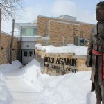 Louis Riel statue in front of Migizii Agamik - Bald Eagle Lodge