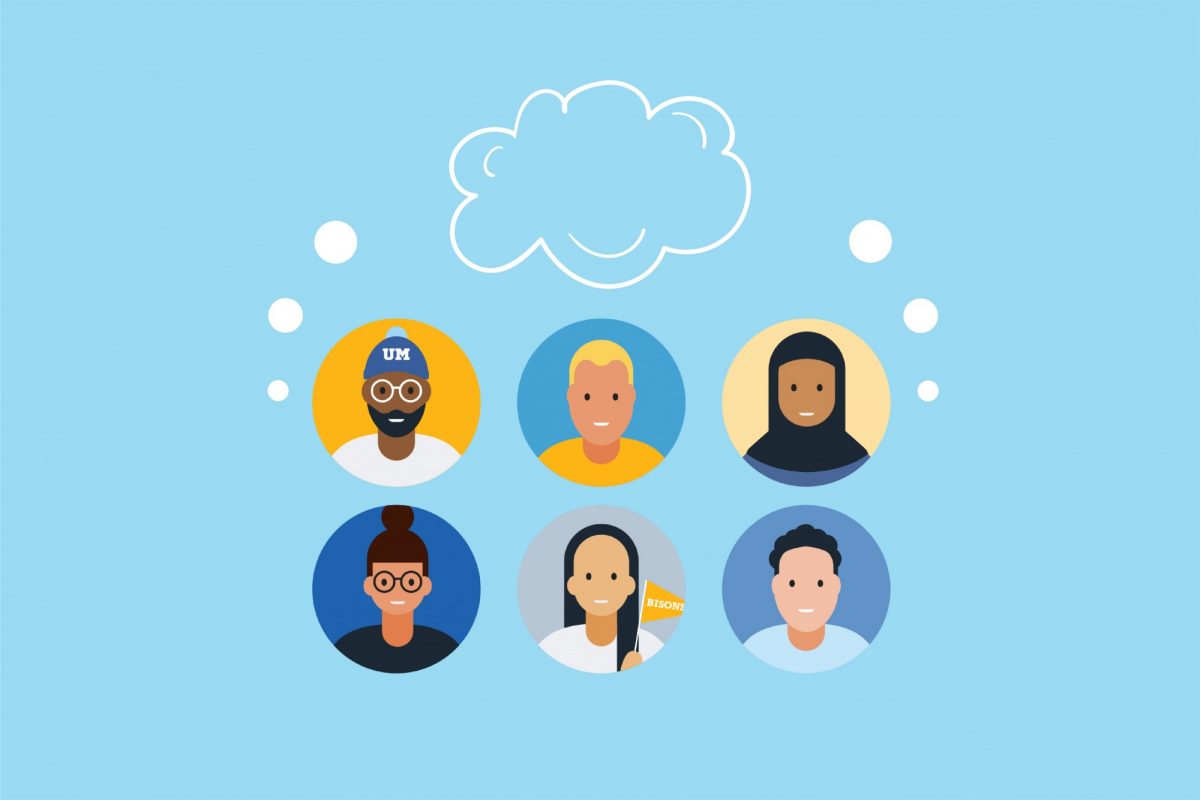 Vector image of students with a thought bubble coming from the group.