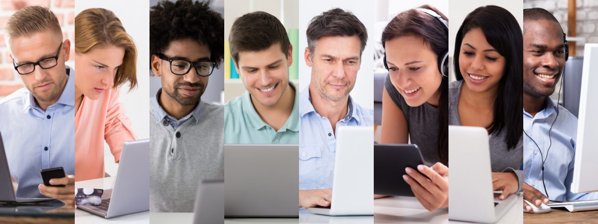 Collage of eight new alumni each working from home at their laptop or other device.